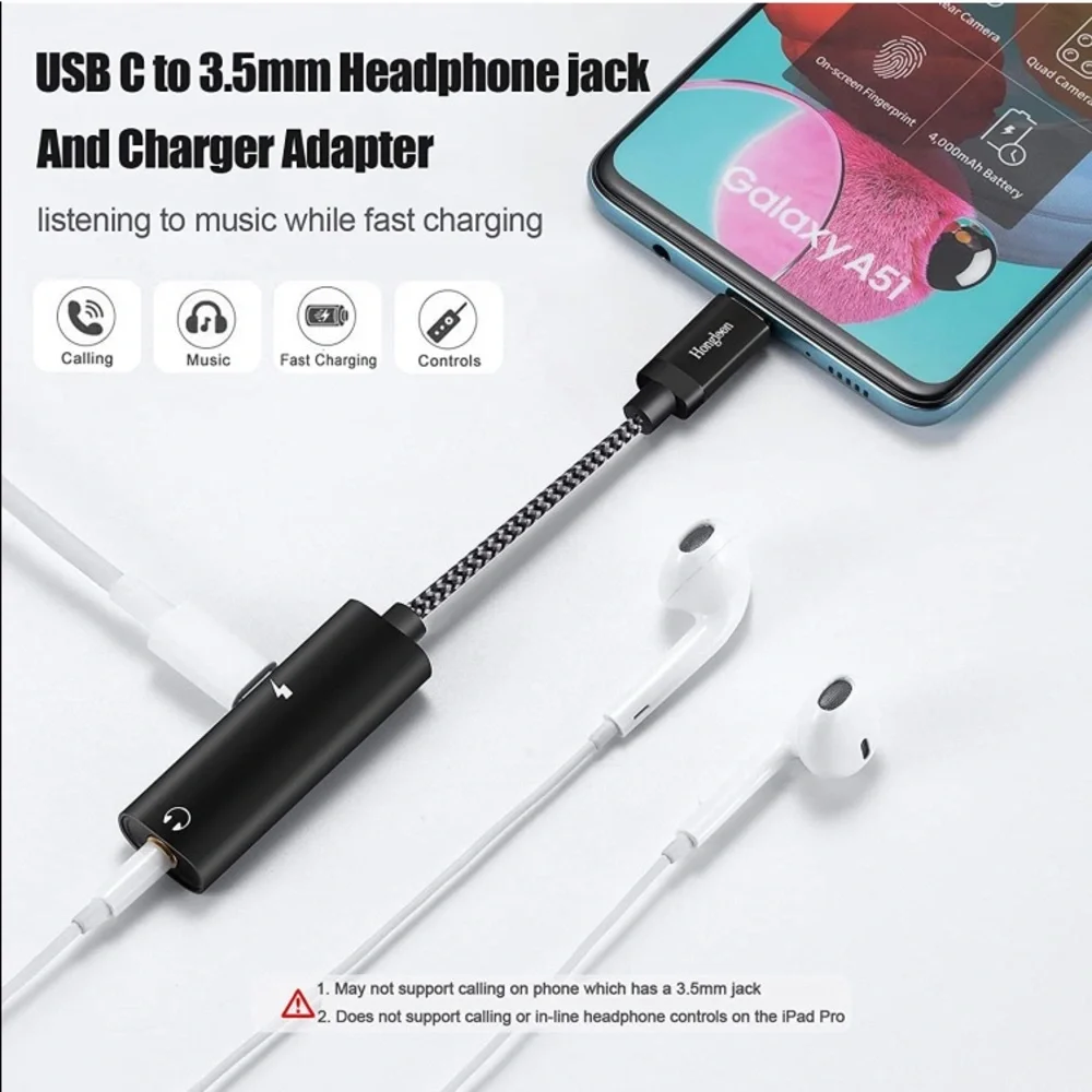 Hongloon USB-C to 3.5mm Headphone and Charger Adapter, 2-in-1